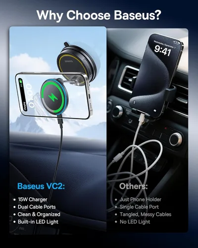 Miniatura 5 de Baseus Aspiradora de 15 W para cargador Magsafe de montaje en automóvil, ventosa de 119 libras, 720°, ajustable, soporte para teléfono celular