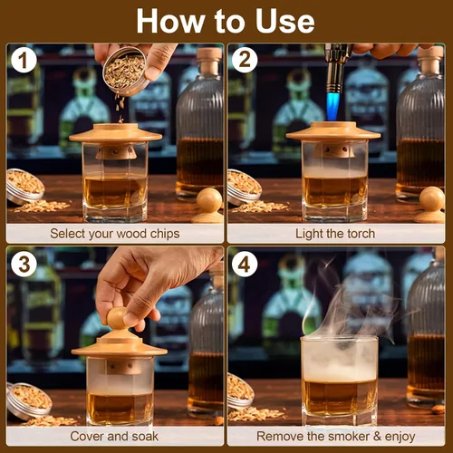 Miniatura 5 de Kit de ahumador de whisky de 23 piezas con antorcha y 6 sabores de virutas de madera, 2 vasos de whisky, bourbon, kit de infusor de ahumador
