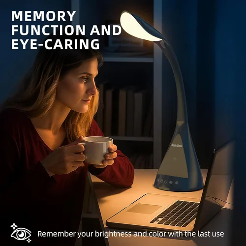 Miniatura 6 de Lámpara de escritorio LED con control táctil y cuello de cisne de 360 grados, 9 modos de iluminación con 5 colores RGB para luz de lectura de Azul