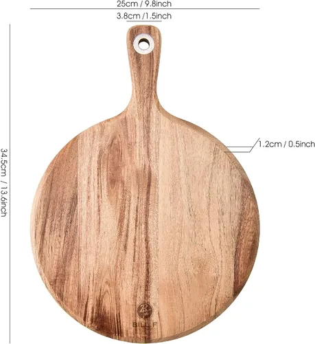 Miniatura 3 de BILL.F Pala para Pizza de Madera de Acacia, Tabla de Cortar de 10", Tabla de Paddle para Queso, Bandeja de Pan y Galletas para Servir y Preparación