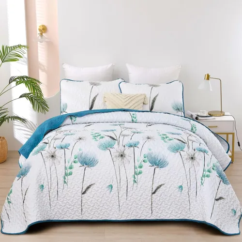 Miniatura 31 de Dinjoy Juego de colcha floral tamaño Queen, colcha azul agua tamaño Queen de 3 piezas, juego de ropa de cama ligera de estilo granja, colcha