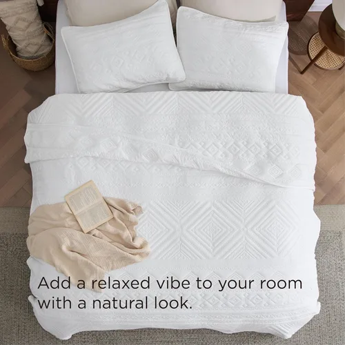 Miniatura 4 de Bedsure Boho Edredón Tamaño King - Colcha Ligera Tamaño King con Patrón Geométrico Cosido, Conjunto de Ropa de Cama Blanda de Estilo Granja Blanca