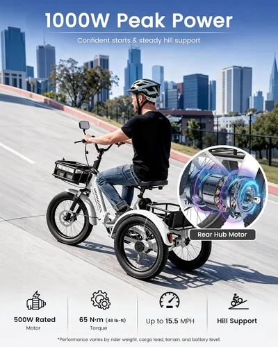 Miniatura 6 de MOONCOOL Triciclo eléctrico para adultos, 500 W/750 W 48 V, triciclo eléctrico plegable de potencia máxima 1100 W, neumático grueso de 20 x 3.0