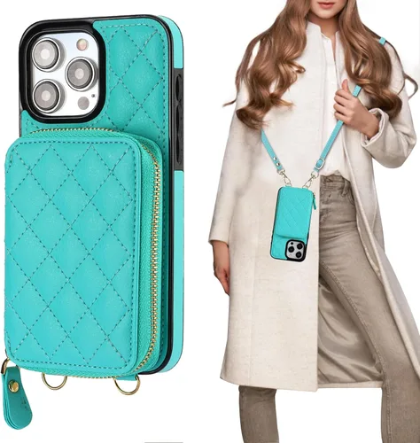 Miniatura 15 de Bocasal Funda tipo cartera cruzada para iPhone 15 Pro Max, con bloqueo RFID, de piel sintética, con cremallera, funda tipo cartera con función atril