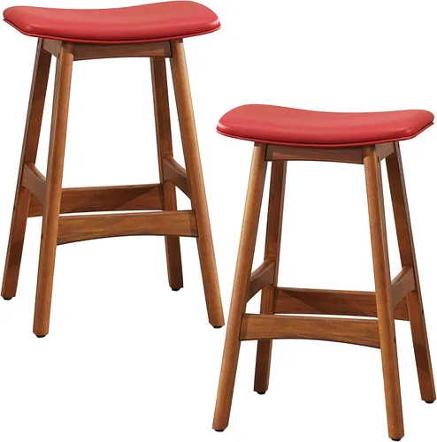 Miniatura 7 de Homelegance Mid-Century Taburete de altura de mostrador, juego de 2, marco de madera maciza, asiento tapizado de piel sintética, reposapiés, isla