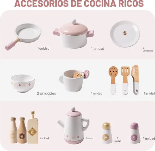 Miniatura 7 de ROBOTIME Juego de cocina de madera, juego de cocina de juego de simulación para niños con diseño realista, juego de cocina para niños y niños Rosa