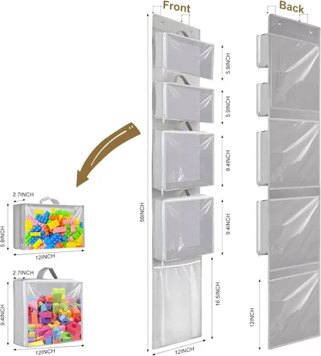 Miniatura 2 de Woodoulogy Almacenamiento de juguetes colgantes sobre la puerta, organizador de animales de peluche en bloques con 4 bolsas de estuche extraíbles