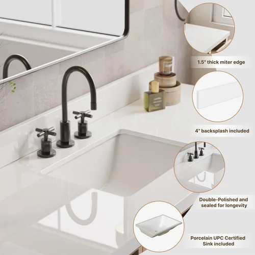 Miniatura 3 de DKB Isabella - Mueble de baño negro de 42 pulgadas con fregadero, lavabo rectangular, encimera de cuarzo blanco puro y protector contra salpicaduras