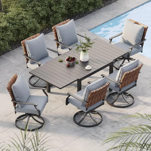 Miniatura 21 de Grand patio Juego de comedor de exterior de 5 piezas, 4 sillas de patio giratorias de mimbre con aspecto de cuero y 1 mesa de comedor cuadrada