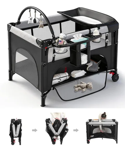 Miniatura 6 de Moisés de bebé 4 en 1 junto a la cama con configuración con una sola mano y colchón impermeable – Parque de juegos certificado por ASTM, corralito