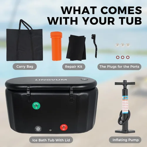 Miniatura 7 de Bañera inflable XXL para atletas, bañera fría de 195 galones con tapa, compatible con enfriadores de agua, bañera independiente ovalada portátil