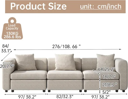 Miniatura 2 de Sofá modular modular de 3 plazas, terciopelo moderno con funda de cojín extraíble y lavable para espacios pequeños, marco de madera maciza, 108.66
