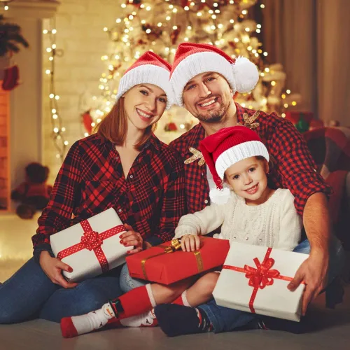Miniatura 7 de DIYDEC Paquete de 2 sombreros de Papá Noel, gorro de Navidad rojo de Papá Noel para adultos y niños, cálido gorro de Navidad para Navidad