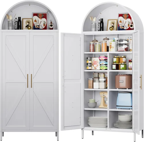 Miniatura 15 de Armario de despensa arqueado de metal blanco de 72.8 pulgadas para almacenamiento de cocina, armario alto de 2 puertas con 6 estantes ajustables