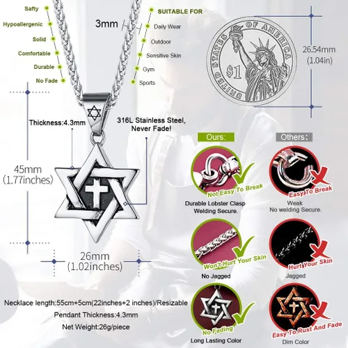 Miniatura 5 de FaithHeart Magen David - Collar con colgante de estrella de David de acero inoxidable, joyería judía para mujeres y hombres, el sello de Salomón