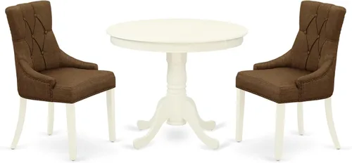 East West Furniture ANFR3-LWH-18 - Juego de mesa de comedor moderno de 3 piezas que contiene una mesa de cocina redonda con pedestal y 2 sillas de