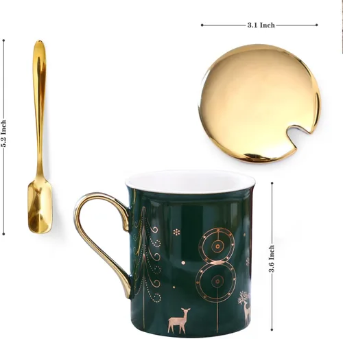 Miniatura 2 de Juego de tazas de café navideñas con mango dorado, cuchara, tapa, elegante taza de agua decorativa de cerámica para mujeres y niñas, taza
