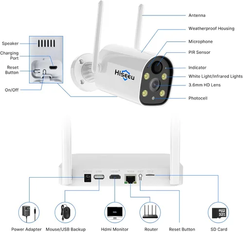 Miniatura 9 de Hiseeu Sistema de cámara de seguridad inalámbrica con batería solar, kits de 3 cámaras 100% sin cables, 2K HD, foco, visión nocturna a color, audio