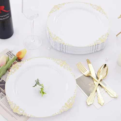 Miniatura 8 de Liacere 50 platos de plástico dorado y blanco, platos desechables de plástico dorado de 10.25 pulgadas, platos pesados de alta calidad para bodas
