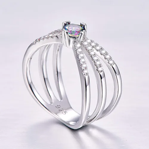 Miniatura 17 de Narica Anillo de 21 piedras chapadas en plata, apilables, corte redondo, zafiro azul, circonita cúbica, relleno de circonita cúbica, halo