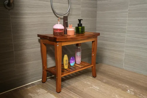 Miniatura 2 de VaeFae Banco de ducha de teca, taburete de ducha de baño de spa con estante de almacenamiento, taburete de asiento de madera para baño
