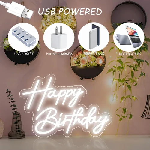 Miniatura 5 de Letrero de neón de feliz cumpleaños para decoración de pared, luz de neón LED blanca de 17×12 pulgadas, letrero de luz de neón de feliz cumpleaños