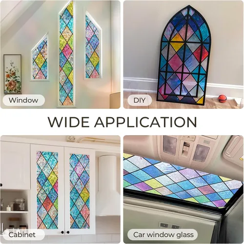 Miniatura 6 de Lámina de privacidad para ventana Windimiley con diseño de vidrio manchado: adhesivo estático decorativo floral 3D arcoíris con control de calor