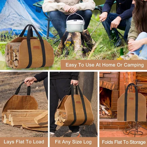 Miniatura 5 de G GOOD GAIN Portador de leña de lona encerada con asas, portador de madera para leña, bolsa de almacenamiento de leña resistente de 39x18 pulgadas