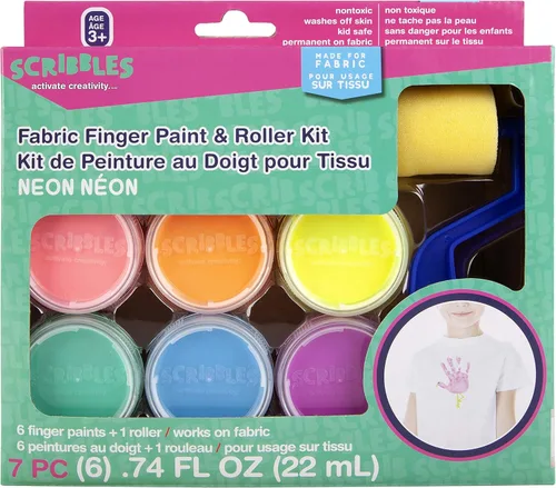 Scribbles Kit de pintura y rodillo para dedos, seguro para niños, pintura de tela permanente, lava la piel, 6 colores neón