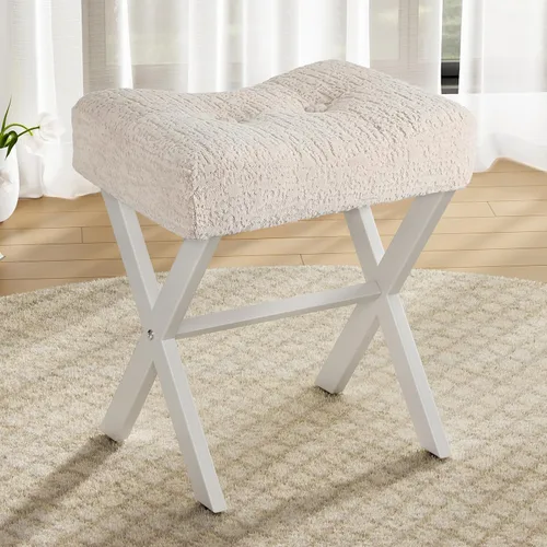Miniatura 21 de Memobarco Taburete Silla de Tocador de 18 Pulgadas, Banco de Tocador con Patas en X de Metal, Taburete Otomán de Acento con Tela Bouclé Transpirable