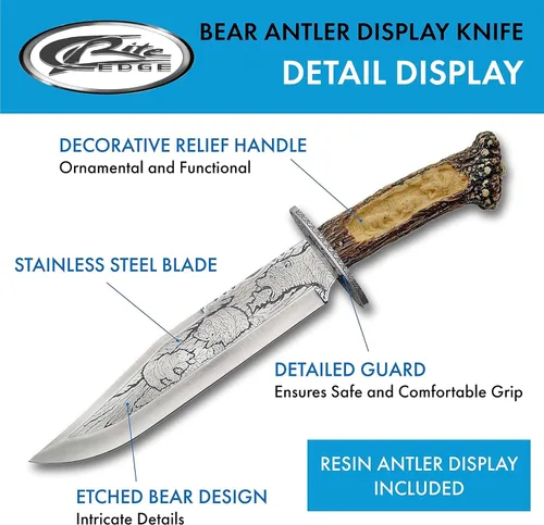Miniatura 2 de SZCO Cuchillo de asta de oso con soporte de exhibición de 15.25 pulgadas, cuchillos decorativos marrones con mango de ciervo, hoja de acero
