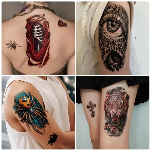 Miniatura 5 de 77 hojas de tatuajes temporales realistas en 3D para adultos y niños, cráneo, tigre, lobo, león, dragón, araña, serpiente, tatuajes temporales