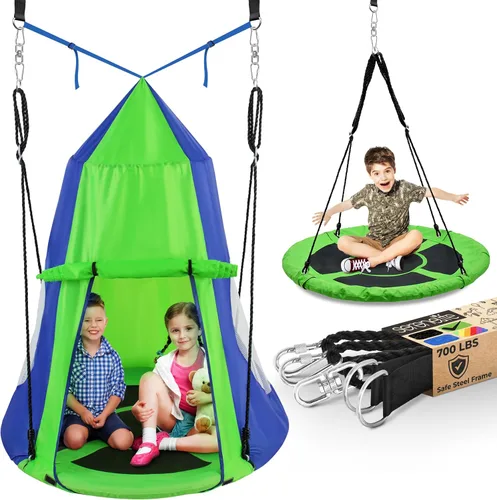 Miniatura 9 de SereneLife Columpio de platillo de 40 pulgadas, juego de columpios para exteriores con kit universal para colgar, asiento giratorio con almohada