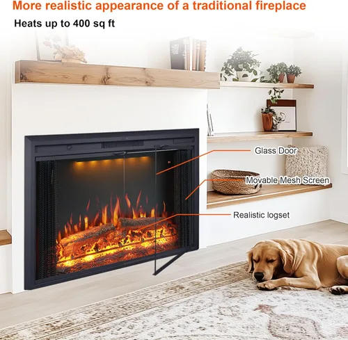 Miniatura 4 de Valuxhome Inserto de chimenea eléctrica de 35.63” de ancho y 27.5" de alto con ajustes de temperatura baja/alta, pantalla de malla móvil y puerta