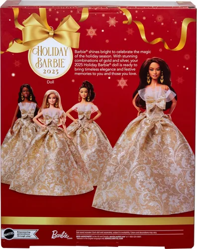 Miniatura 6 de Barbie Signature 2025 Muñeca de festividades de cabello castaño oscuro, con vestido plateado y dorado, coleccionable de temporada en embalaje