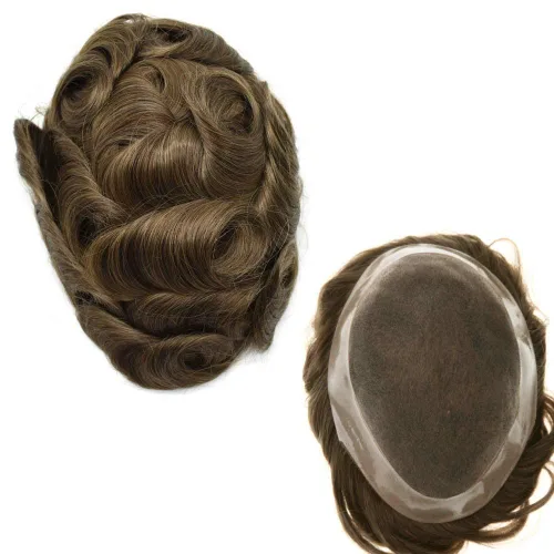 Miniatura 24 de Peluca monofilamento de monofilamento para hombre con revestimiento de poliéster alrededor del sistema de reemplazo de cabello humano duradero NPU