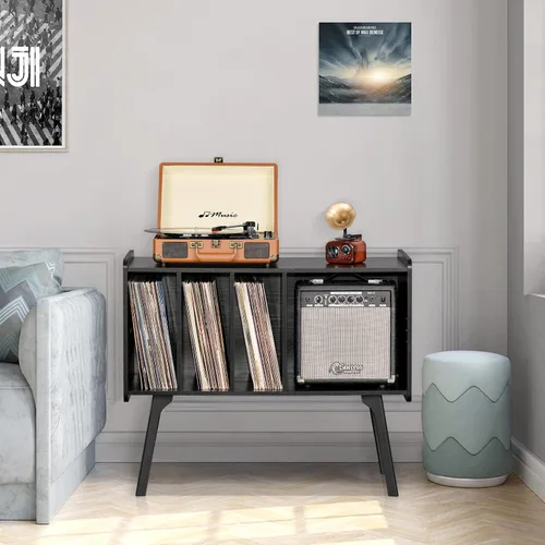 Miniatura 7 de Lerliuo Soporte para tocadiscos con 4 gabinetes con capacidad para hasta 220 álbumes, soporte giratorio grande negro con patas de madera de haya
