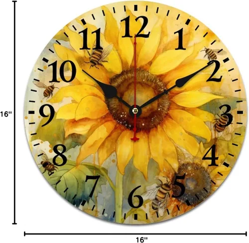 Miniatura 9 de Relojes de pared de 16 pulgadas, girasol con abejas y hojas, movimiento de cuarzo decorativo de madera, número arábigo, mariposa, girasol, reloj