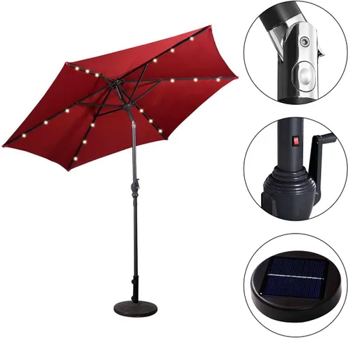 Miniatura 4 de Giantex Sombrilla de patio de 9 pies con luces solares, sombrilla de mesa para exteriores con botón de inclinación y manivela, para mercado, jardín