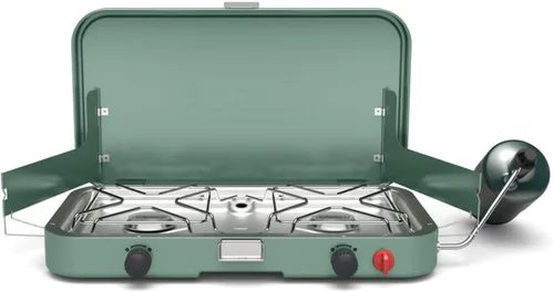 Coleman Cascade 222 - Estufa de camping de 2 quemadores, estufa portátil con 22,000 BTU, encendido sin fósforos y protectores de viento duales,
