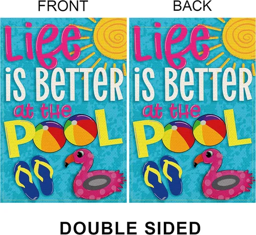 Miniatura 6 de Balgardekor Bandera de jardín Life is Better at the Pool de 28 x 40 pulgadas, bandera de casa grande vertical de doble cara de arpillera de verano