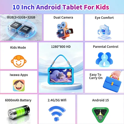 Miniatura 2 de Tablet Android 10 pulgadas, Android 15,32GB de almacenamiento, cinco núcleos, pantalla HD IPS, cámara dual, WiFi, Bluetooth, control parental, Azul