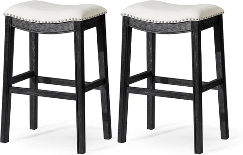 Miniatura 22 de Maven Lane Adrien Taburete de bar sin espalda, asiento de silla de montar de 31 pulgadas con reposapiés, marco de madera maciza gris y tapicería