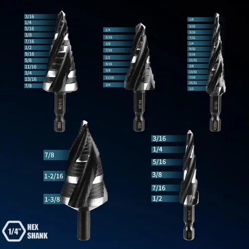Miniatura 2 de Juego de brocas escalonadas, 5 piezas, cuatro brocas en espiral para metal, 50 tamaños de brocas HSS recubiertas de titanio con vástago hexagonal