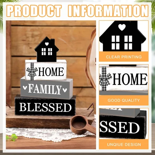 Miniatura 4 de Cinnvoice Decoración rústica de mesa de granja, letreros de bendición para decoración del hogar, letrero de madera neutral para la familia, centro
