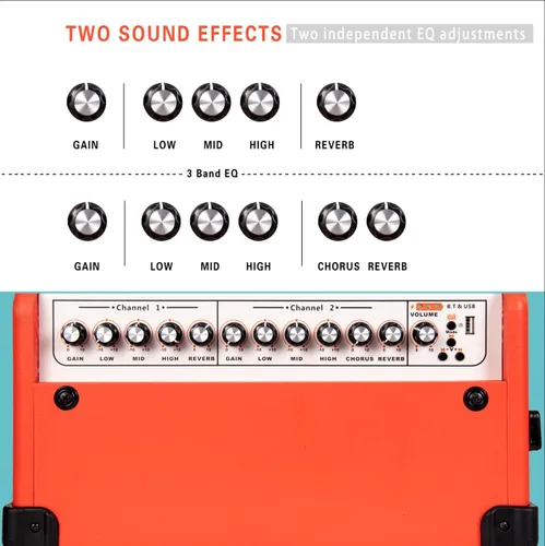 Miniatura 3 de Coolmusic Amplificador de guitarra acústica con batería BP80 - Altavoz Bluetooth portátil 100W, 6 entradas, ecualizador de 3 bandas, naranja