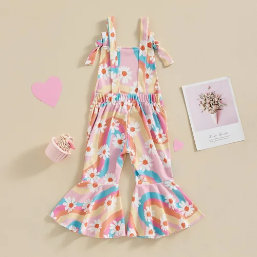 Miniatura 6 de ZyHwShine Conjunto de tirantes acampanados para niñas, con volantes, botones, ombliguera, pantalones de campana, pantalones de verano para niños