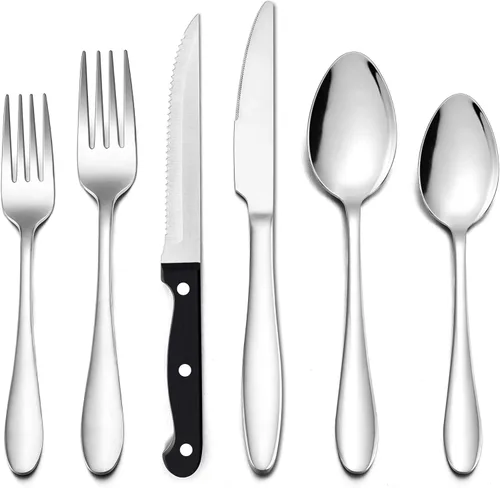 LIANYU Juego de cubiertos de 24 piezas con cuchillos para carne, cubiertos de acero inoxidable para 4, tenedor, cuchara, cuchillo, utensilios para