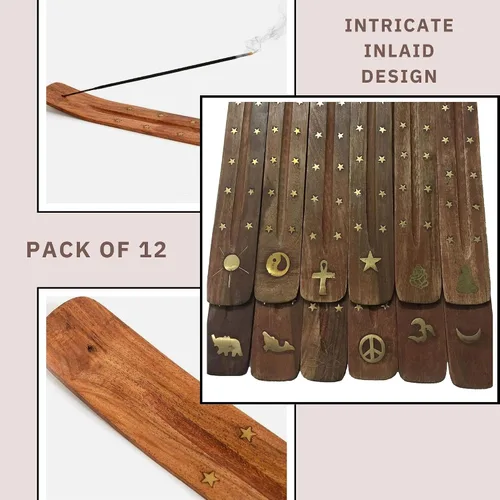 Miniatura 3 de Vrinda® Soporte de incienso de madera hecho a mano con diseño de incrustaciones surtidas, quemador de incienso, ideal para aromaterapia, meditación