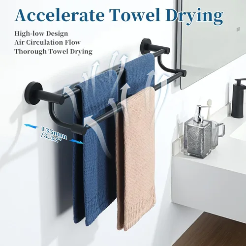 Miniatura 4 de Alise Toallero doble, toallero de 24 pulgadas para baño, soporte de toalla de montaje en pared, toallero de secado rápido, toallero de acero Negro
